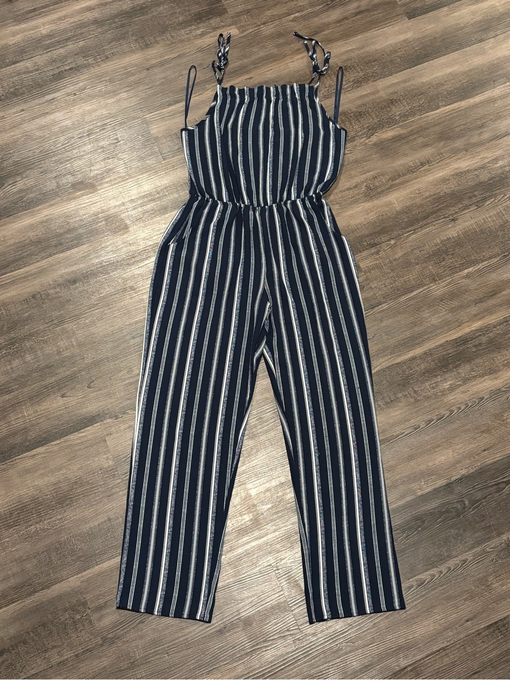 Green Envelope Navy and White Striped Tie-Shoulder Jumpsuit